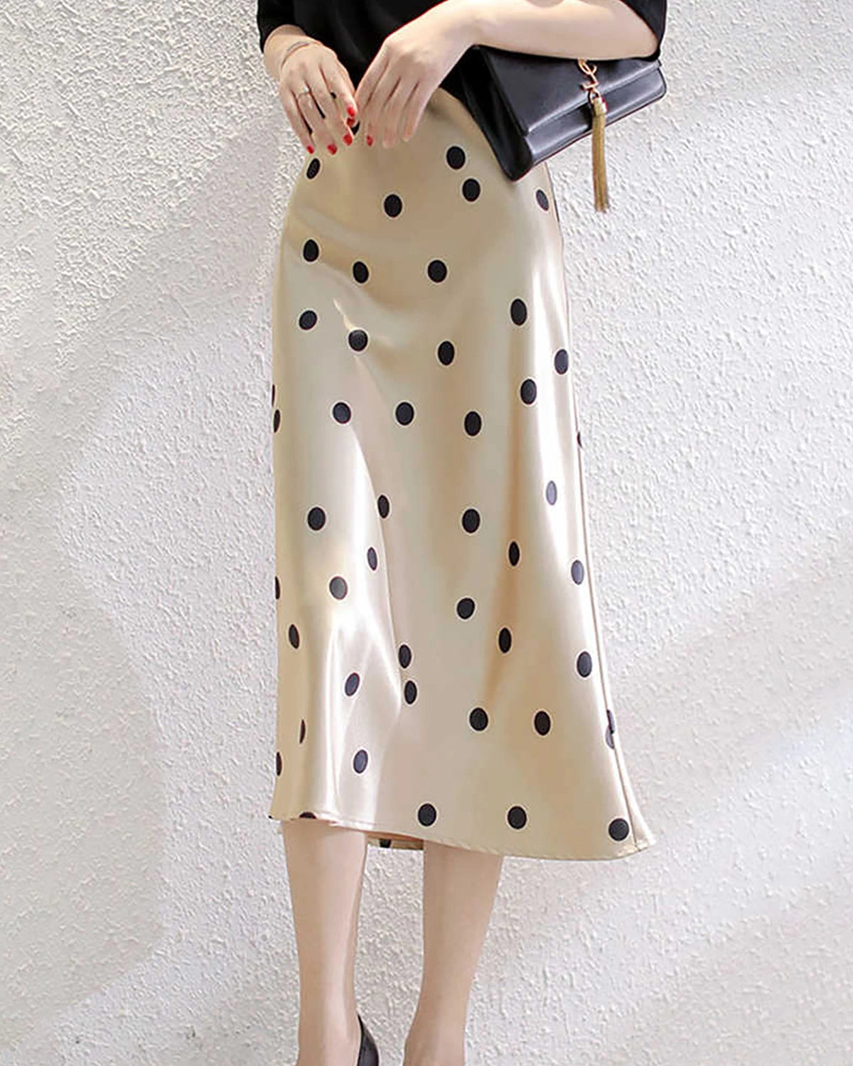 Polka Dot Silk Midi Skirt, Champagne
