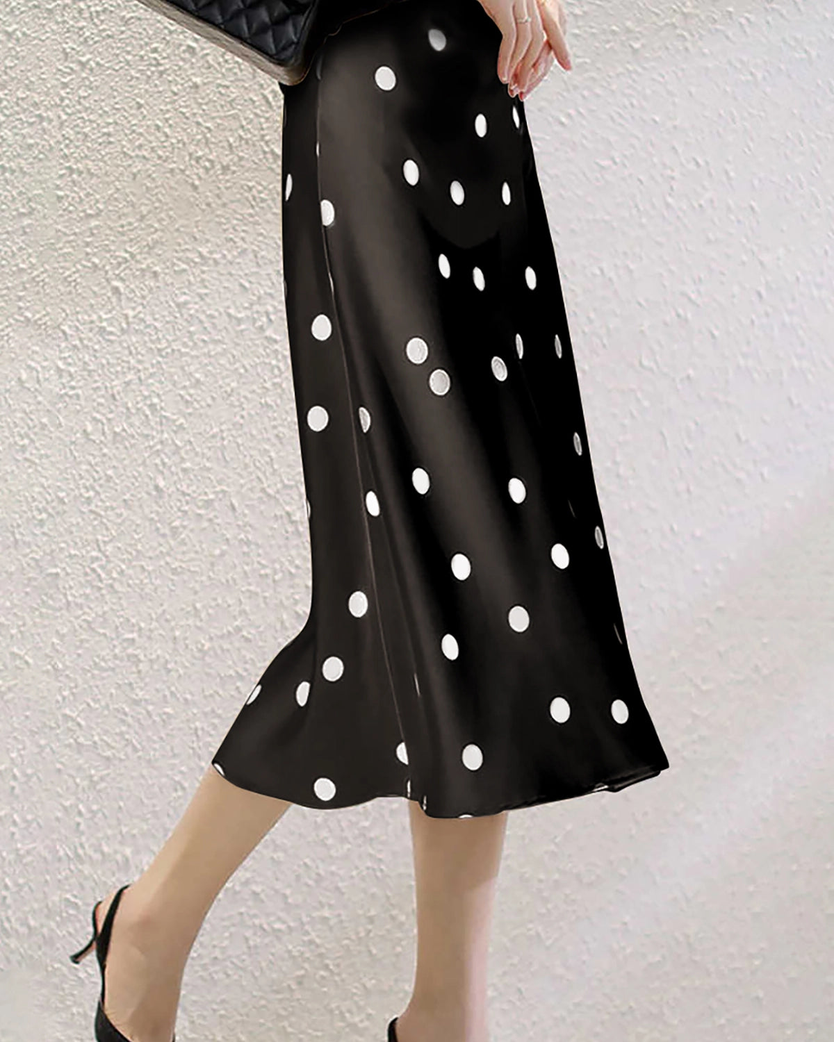 Polka Dot Silk Midi Skirt, Black