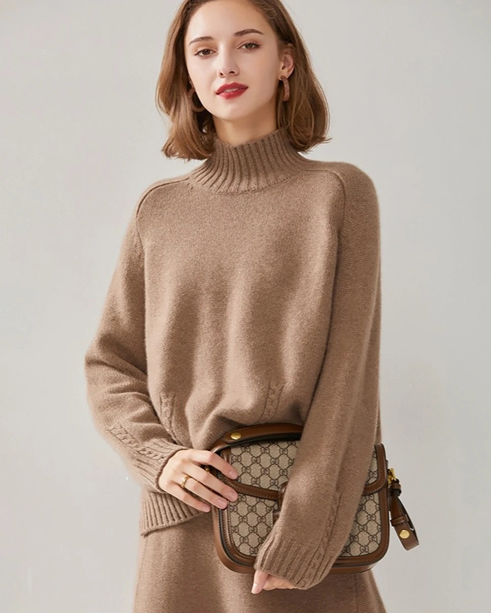 Oversized Mock Neck Cashmere Sweater, Brown