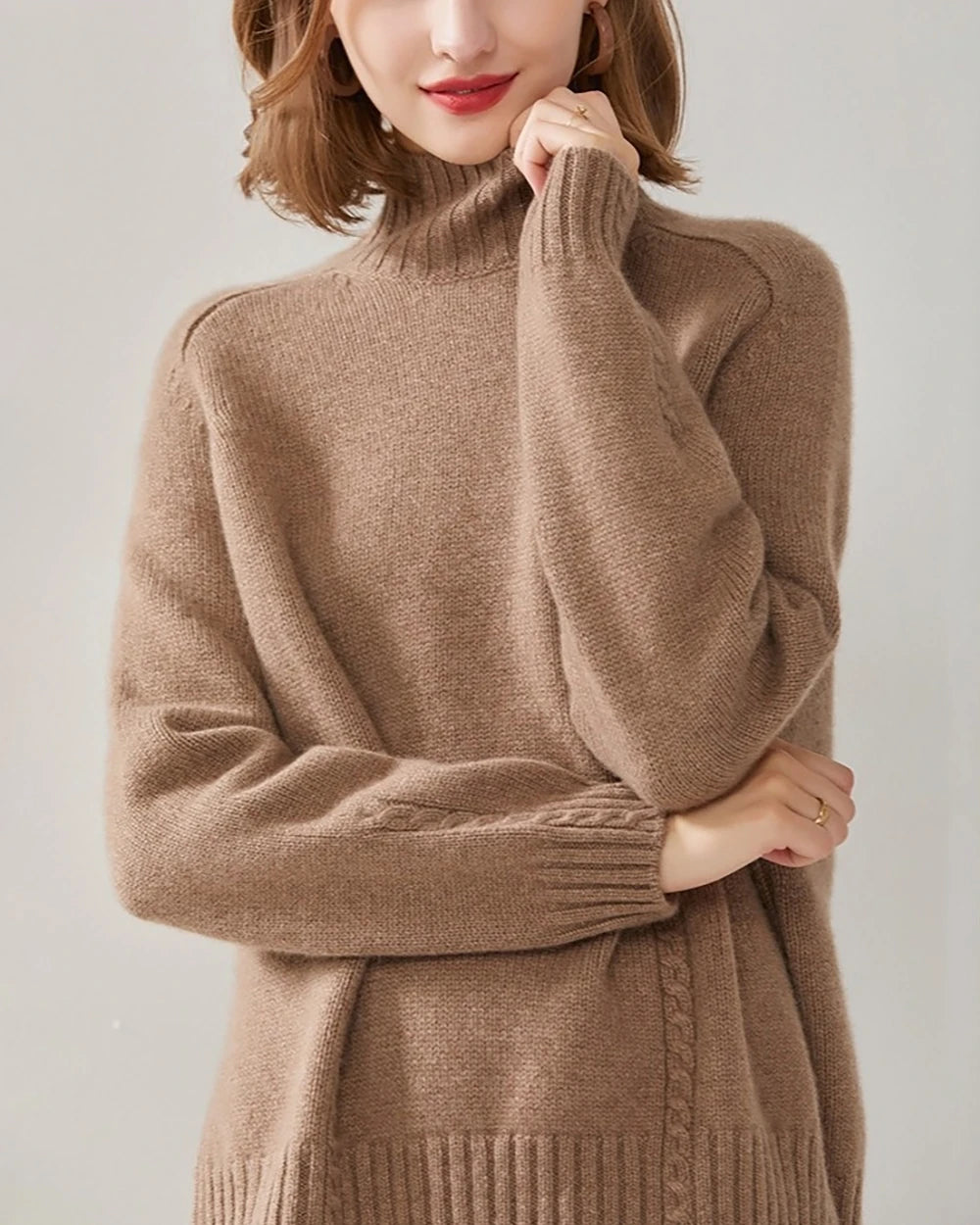 Oversized Mock Neck Cashmere Sweater, Brown
