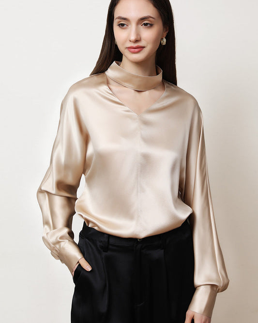 V-Neck Long Sleeve Silk Blouse