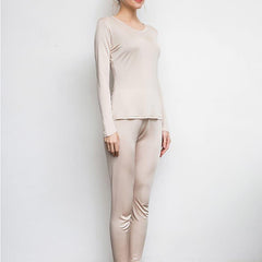 Mulberry Silk Long Thermal Underwear Set for Women Beige