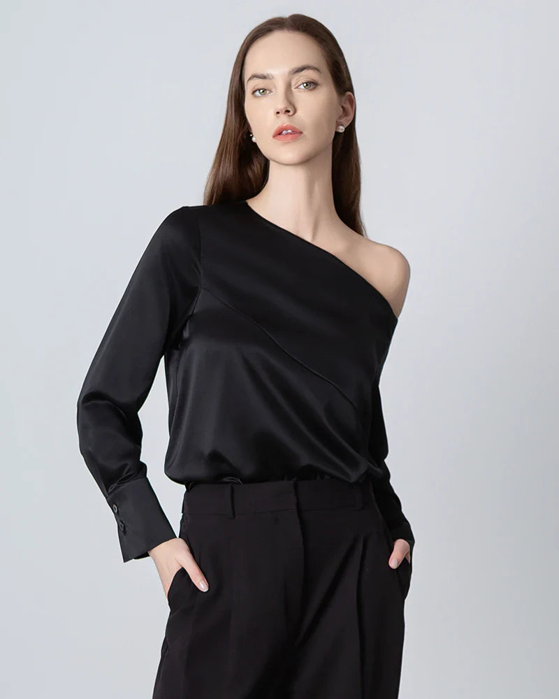 One Shoulder Long Sleeve Silk Blouse, Black