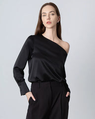One Shoulder Long Sleeve Silk Blouse, Black