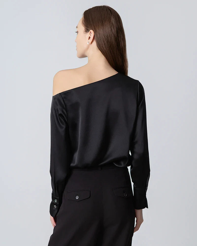 One Shoulder Long Sleeve Silk Blouse, Black