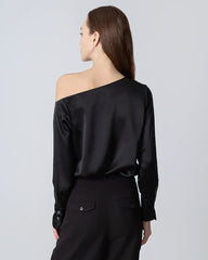 One Shoulder Long Sleeve Silk Blouse, Black