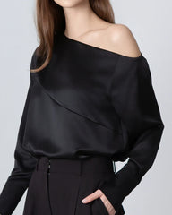 One Shoulder Long Sleeve Silk Blouse, Black