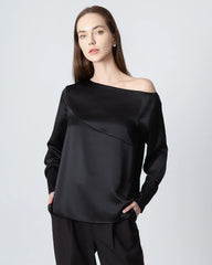 One Shoulder Long Sleeve Silk Blouse, Black