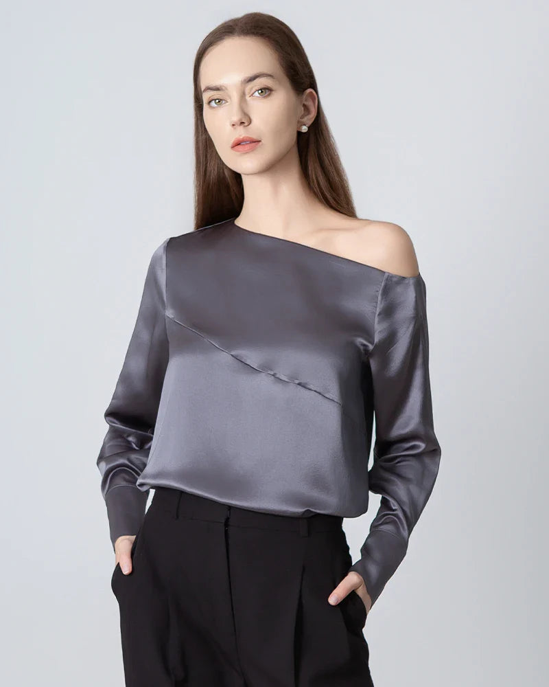 One Shoulder Long Sleeve Silk Blouse, Grey