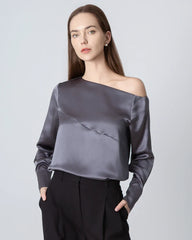 One Shoulder Long Sleeve Silk Blouse, Grey