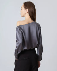 One Shoulder Long Sleeve Silk Blouse, Grey