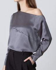 One Shoulder Long Sleeve Silk Blouse, Grey