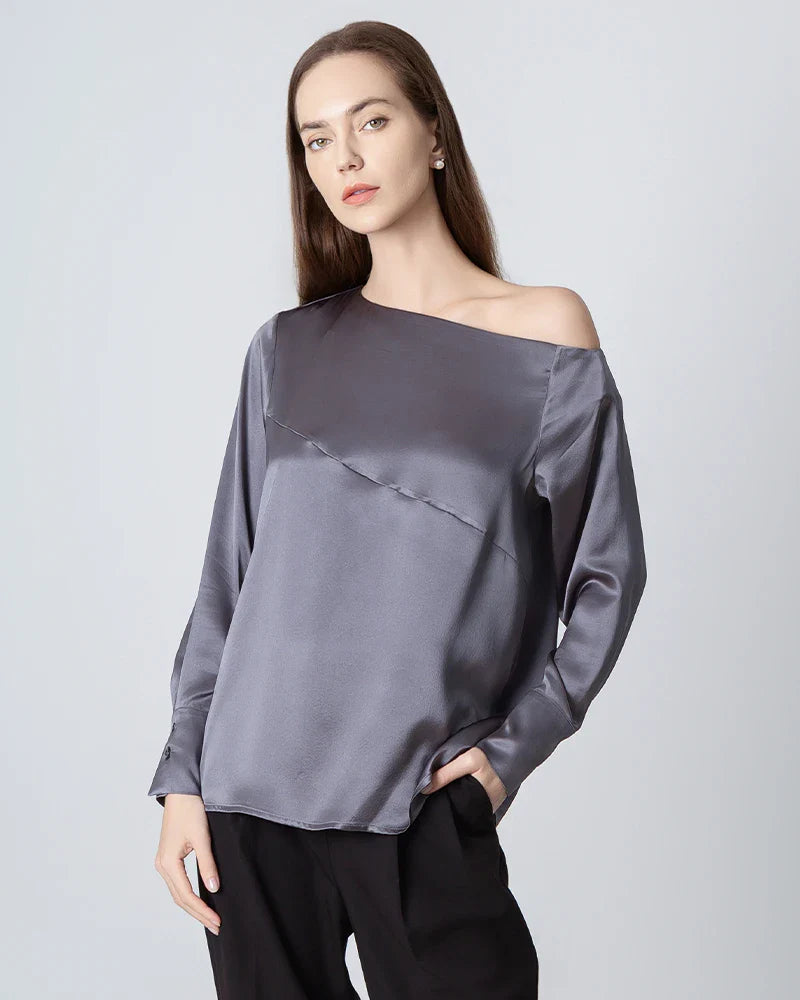 One Shoulder Long Sleeve Silk Blouse, Grey