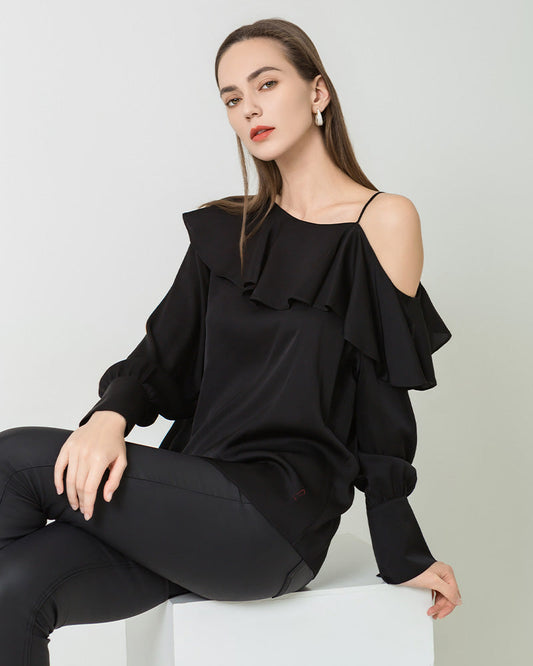 One-shoulder Ruffle Silk Shirt, Black