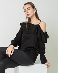 One-shoulder Ruffle Silk Shirt, Black