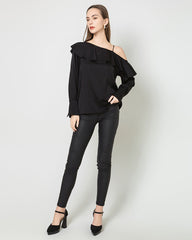 One-shoulder Ruffle Silk Shirt, Black