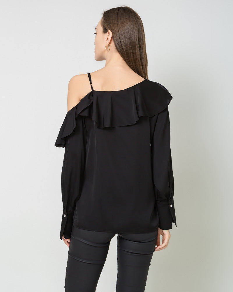 One-shoulder Ruffle Silk Shirt, Black