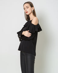 One-shoulder Ruffle Silk Shirt, Black