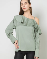 One Shoulder Ruffle Long Sleeves Silk Shirt