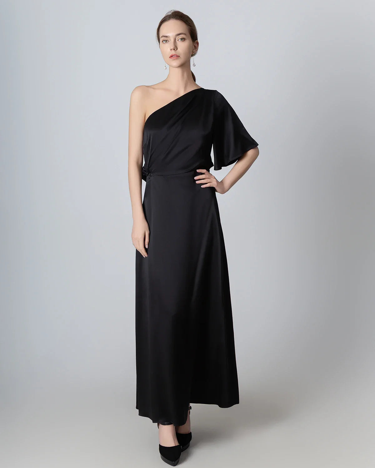 One Shoulder Tie Back Maxi Silk Dress, Black