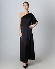 One Shoulder Tie Back Maxi Silk Dress, Black