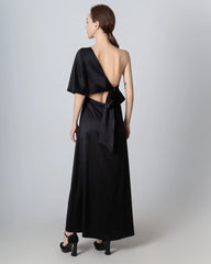 One Shoulder Tie Back Maxi Silk Dress, Black
