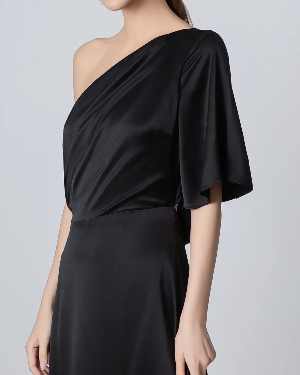 One Shoulder Tie Back Maxi Silk Dress, Black