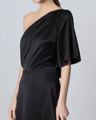 One Shoulder Tie Back Maxi Silk Dress, Black
