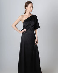 One Shoulder Tie Back Maxi Silk Dress, Black