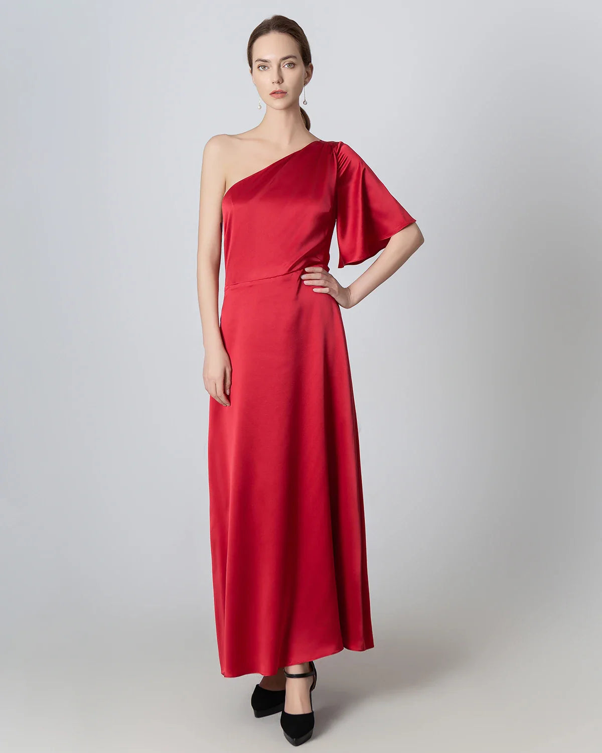 One Shoulder Tie Back Maxi Silk Dress, Red
