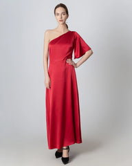 One Shoulder Tie Back Maxi Silk Dress, Red