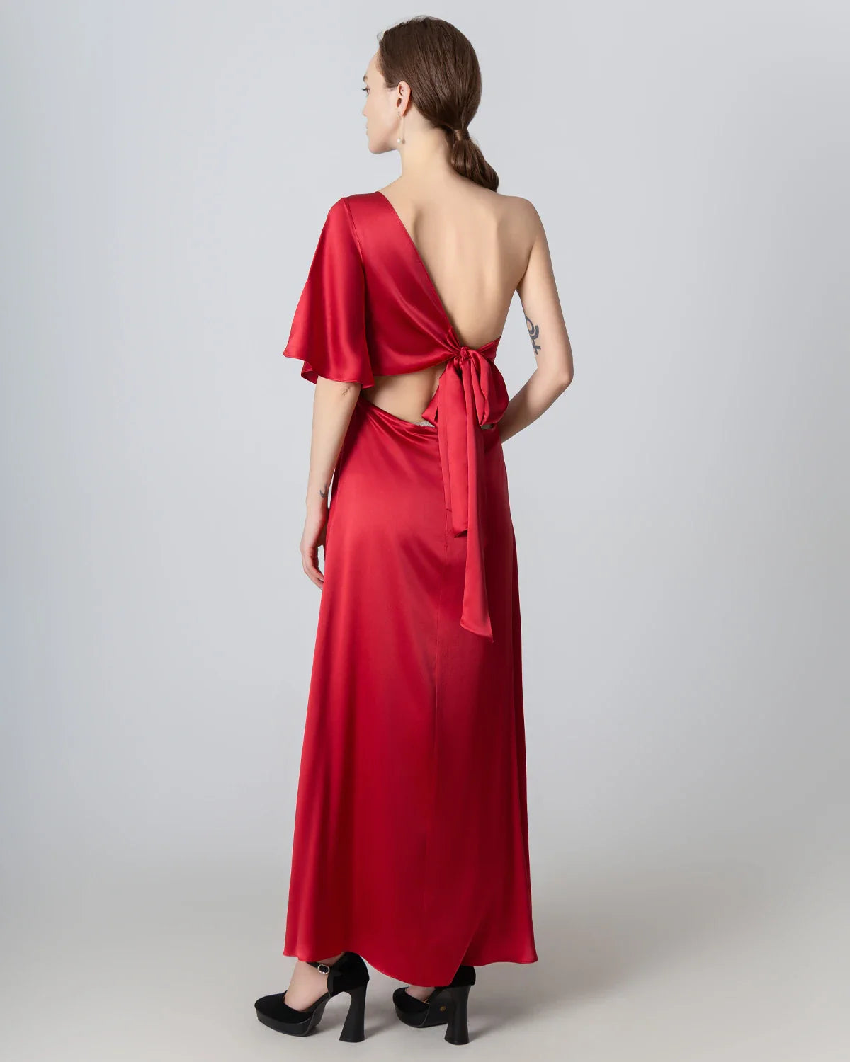 One Shoulder Tie Back Maxi Silk Dress, Red