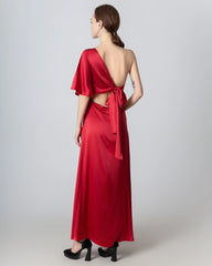 One Shoulder Tie Back Maxi Silk Dress, Red