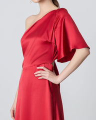 One Shoulder Tie Back Maxi Silk Dress, Red