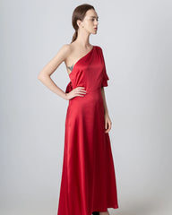 One Shoulder Tie Back Maxi Silk Dress, Red