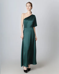 One Shoulder Tie Back Maxi Silk Dress, Emerald