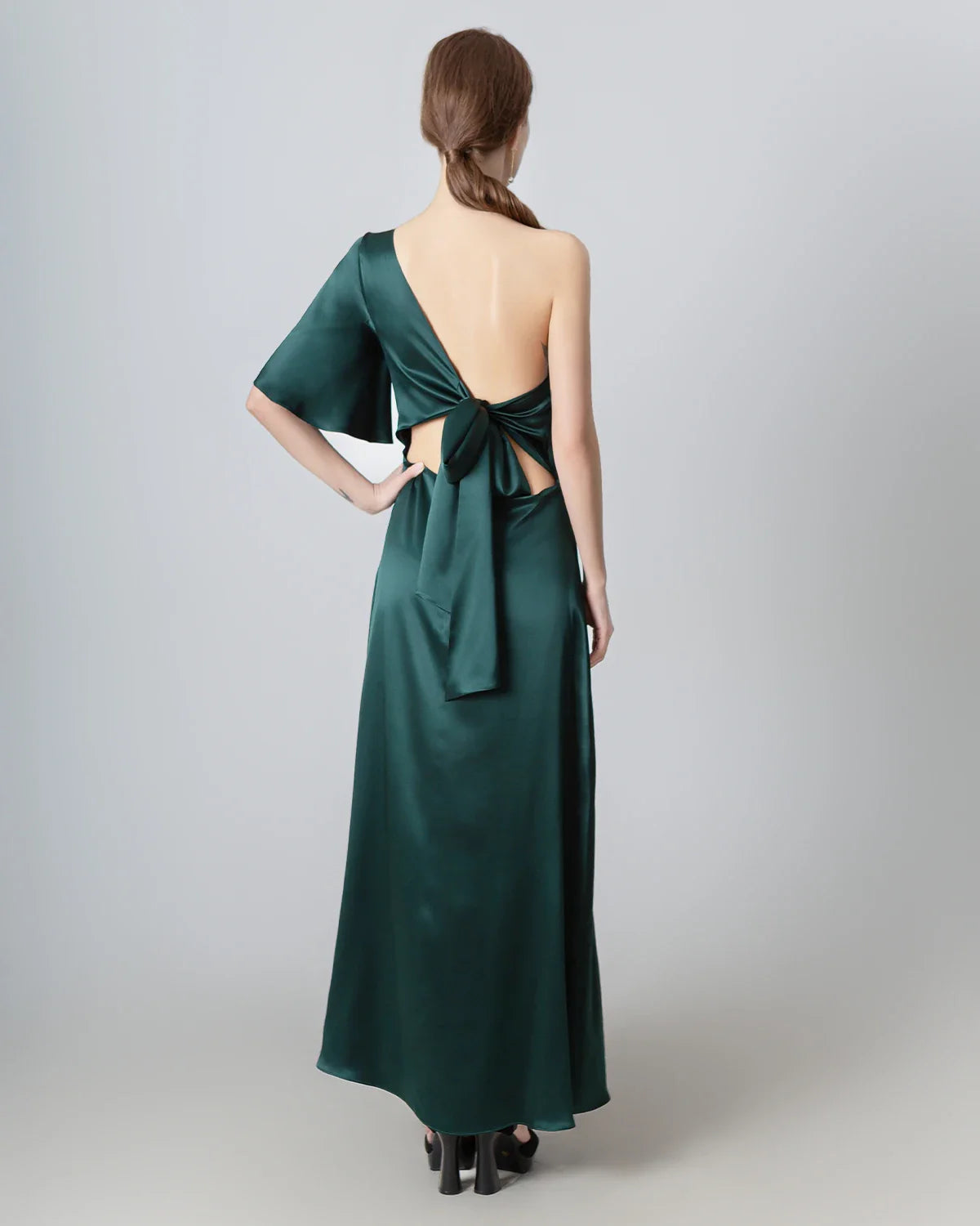 One Shoulder Tie Back Maxi Silk Dress, Emerald