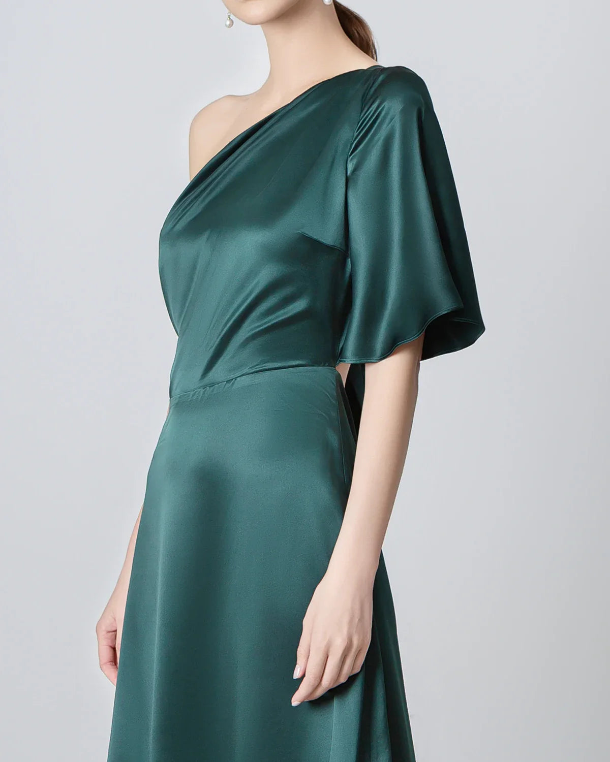 One Shoulder Tie Back Maxi Silk Dress, Emerald