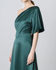 One Shoulder Tie Back Maxi Silk Dress, Emerald