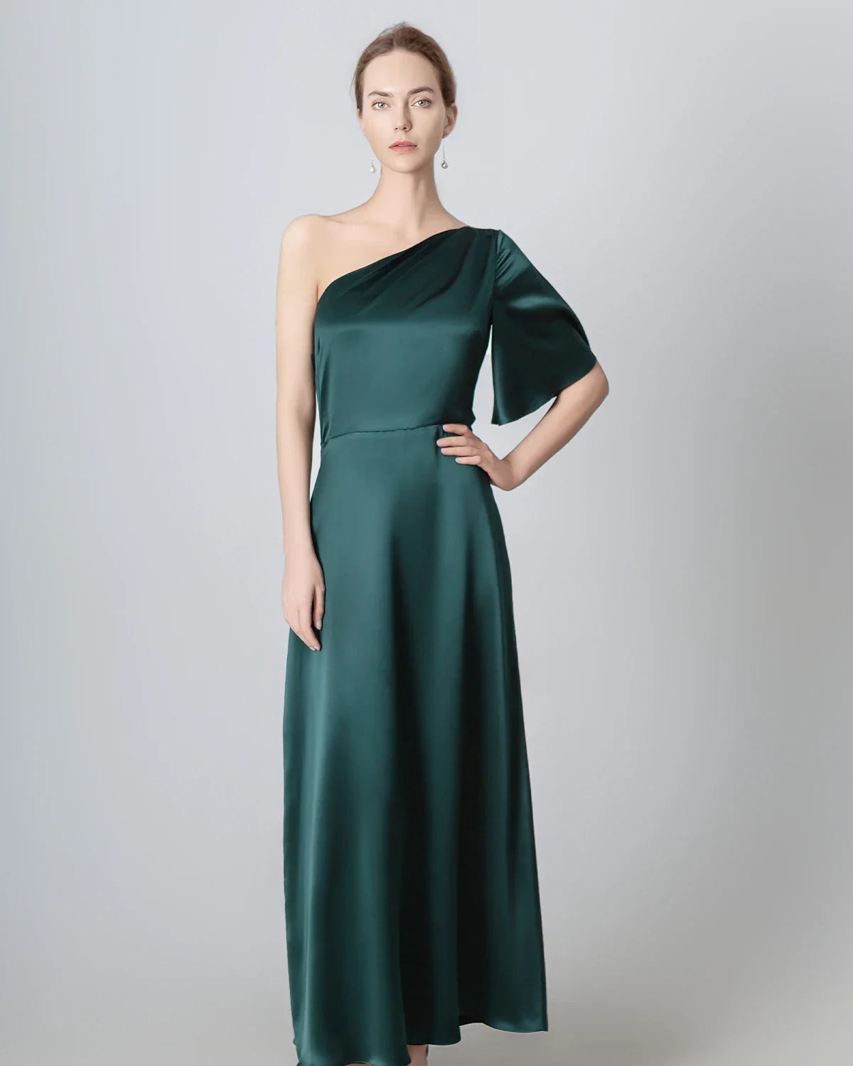 One Shoulder Tie Back Maxi Silk Dress, Emerald