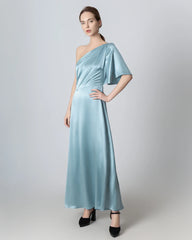 One Shoulder Tie Back Maxi Silk Dress, Haze Blue