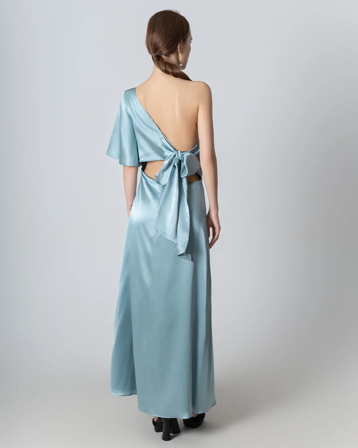 One Shoulder Tie Back Maxi Silk Dress, Haze Blue
