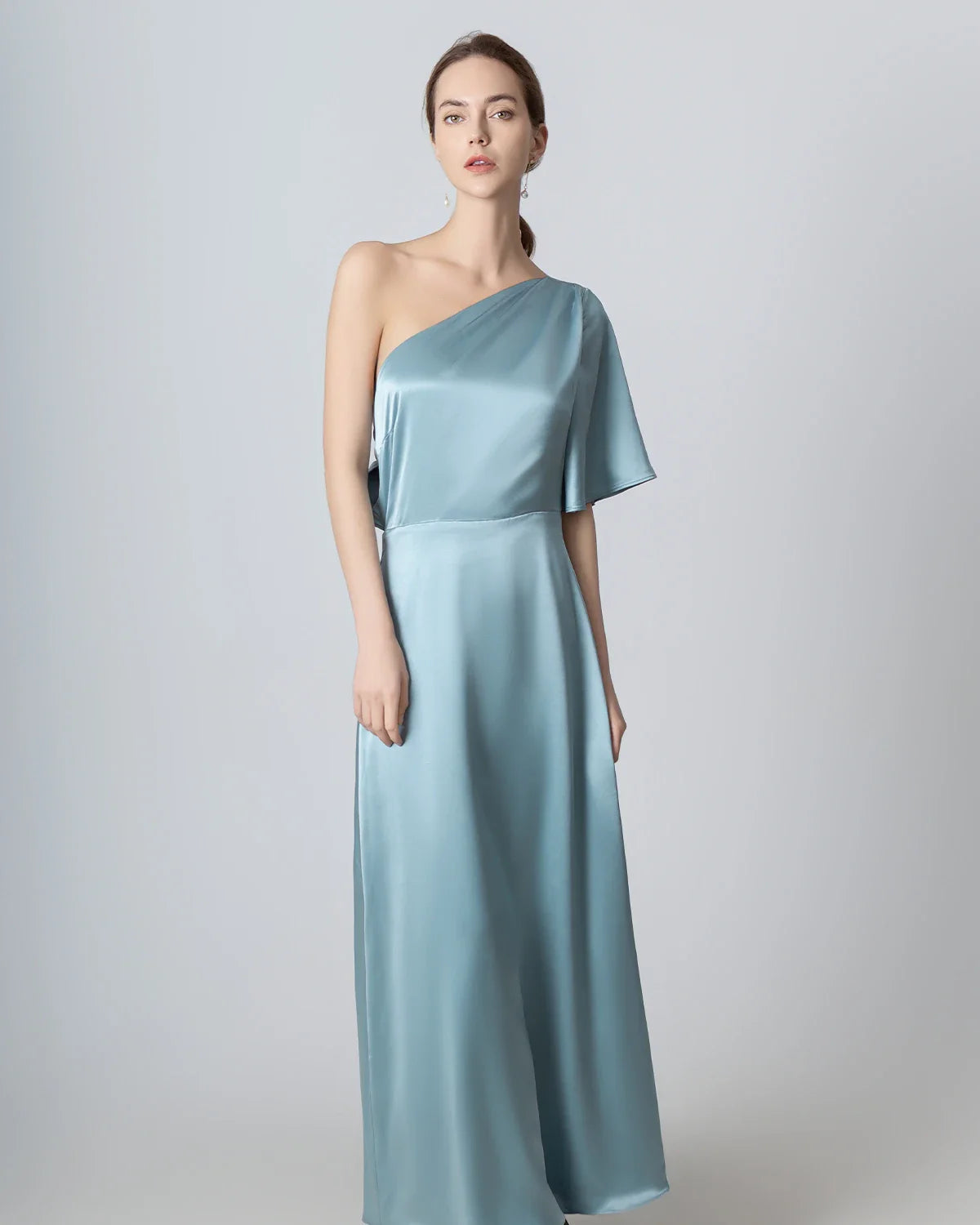 One Shoulder Tie Back Maxi Silk Dress, Haze Blue