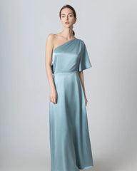 One Shoulder Tie Back Maxi Silk Dress, Haze Blue