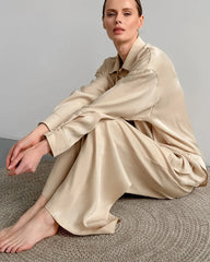 Oversized Full Length Silk Pajamas Set, Champagne