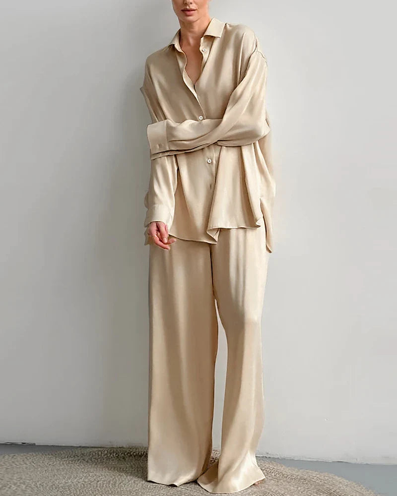 Oversized Full Length Silk Pajamas Set, Champagne