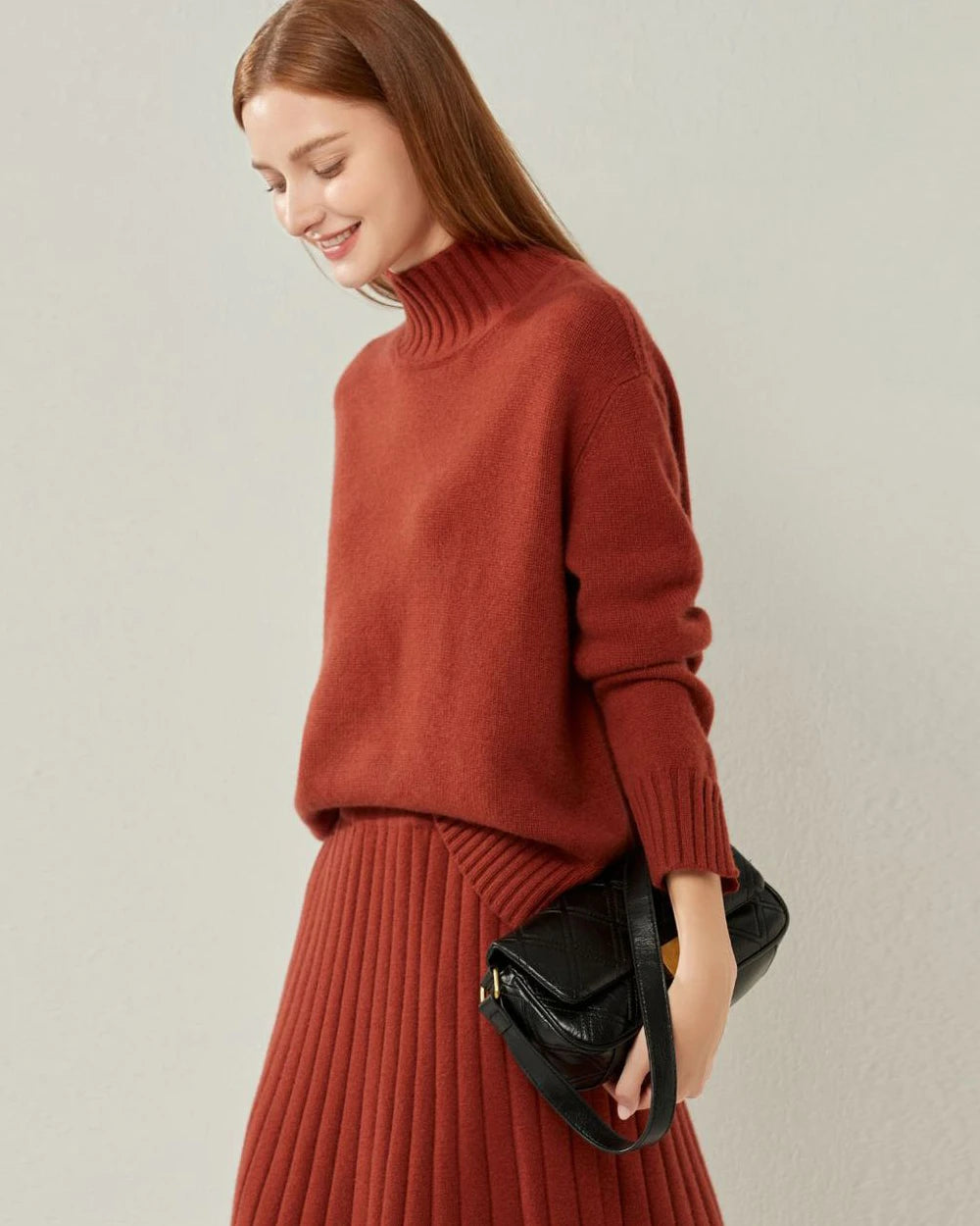 Oversized Turtleneck Cashmere Sweater, Dark Red