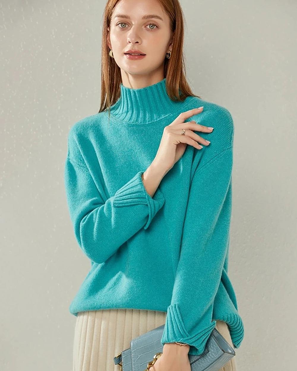 Oversized Turtleneck Cashmere Sweater, Lake Blue