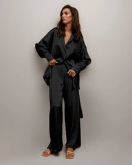 Oversized Silk Pajamas Set with Belt, Black