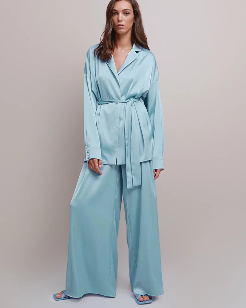 Oversized Silk Pajamas Set with Belt, Haze Blue